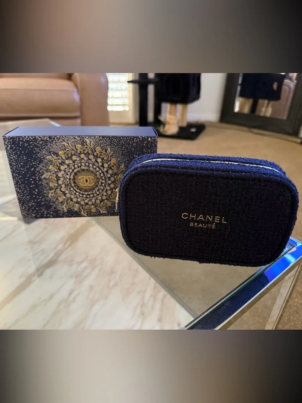 Chanel• NWT Navy Felt Holiday Edition Cosmetic Pouch with Logo Box